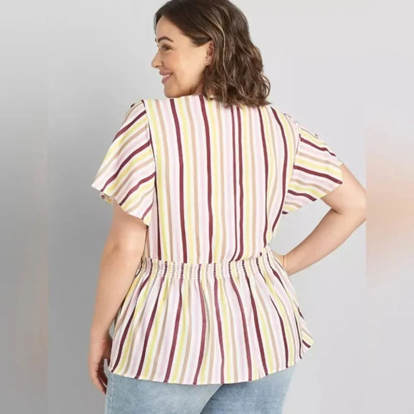 Lane Bryant Mulitcolor Stripes Short Sleeve V-Neck Smocked Waist Blouse Size 20 - Picture 9 of 10